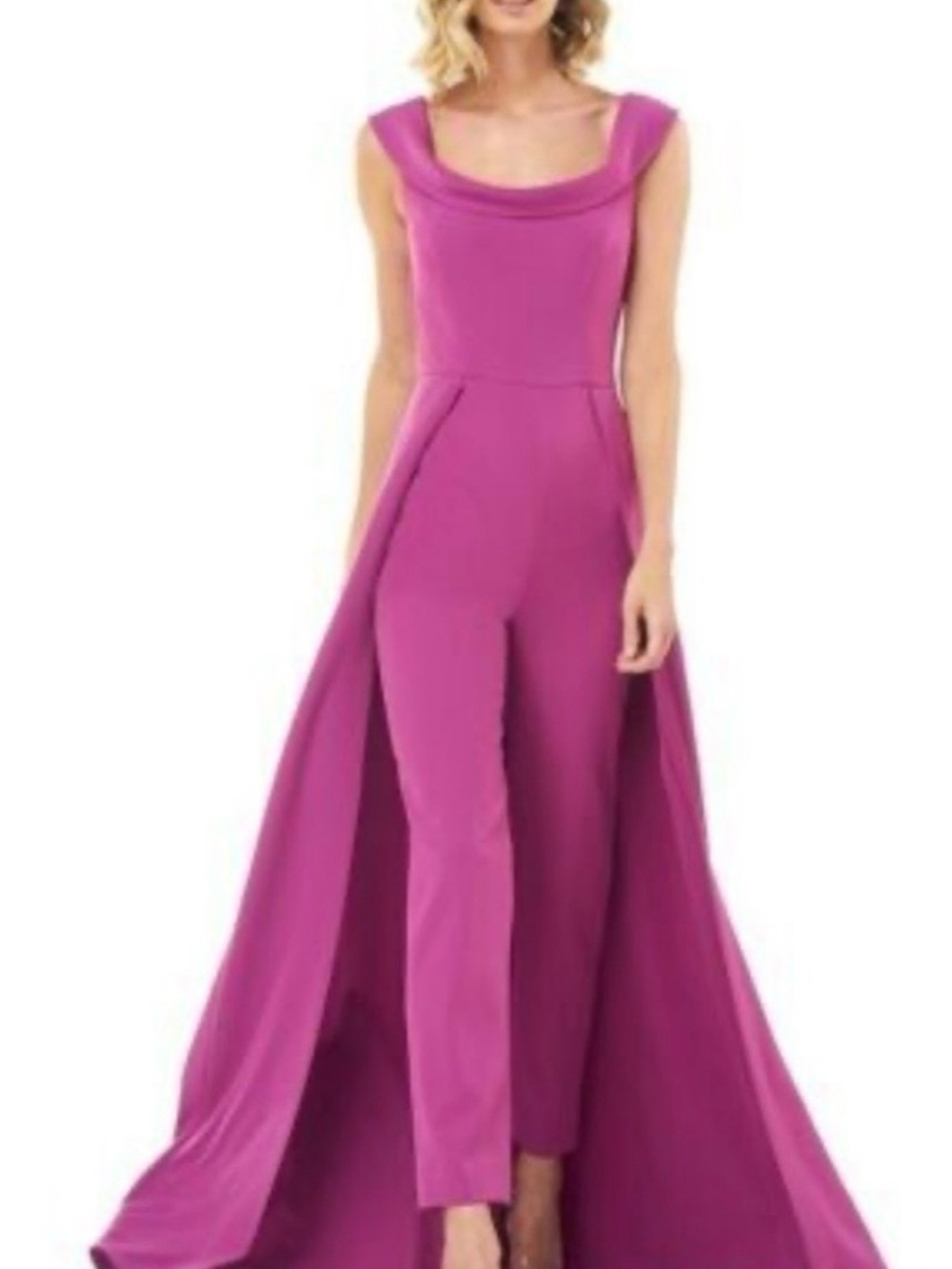 Kay Unger Fuchsia Cowl-Neck Jumpsuit with Drape Train